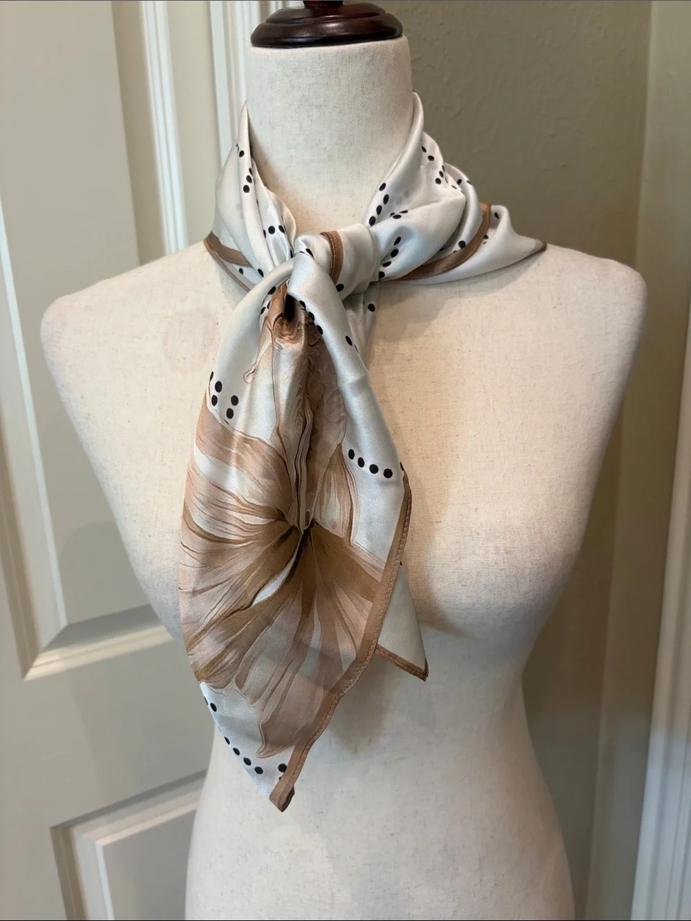 Cream and Beige Dragonfly Print Silk Scarf 25